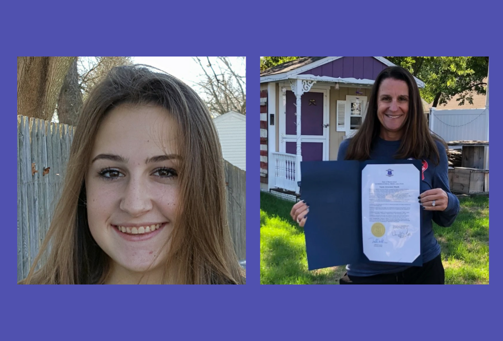 Tara Cirella holding legislation with Gianna Cirella's face